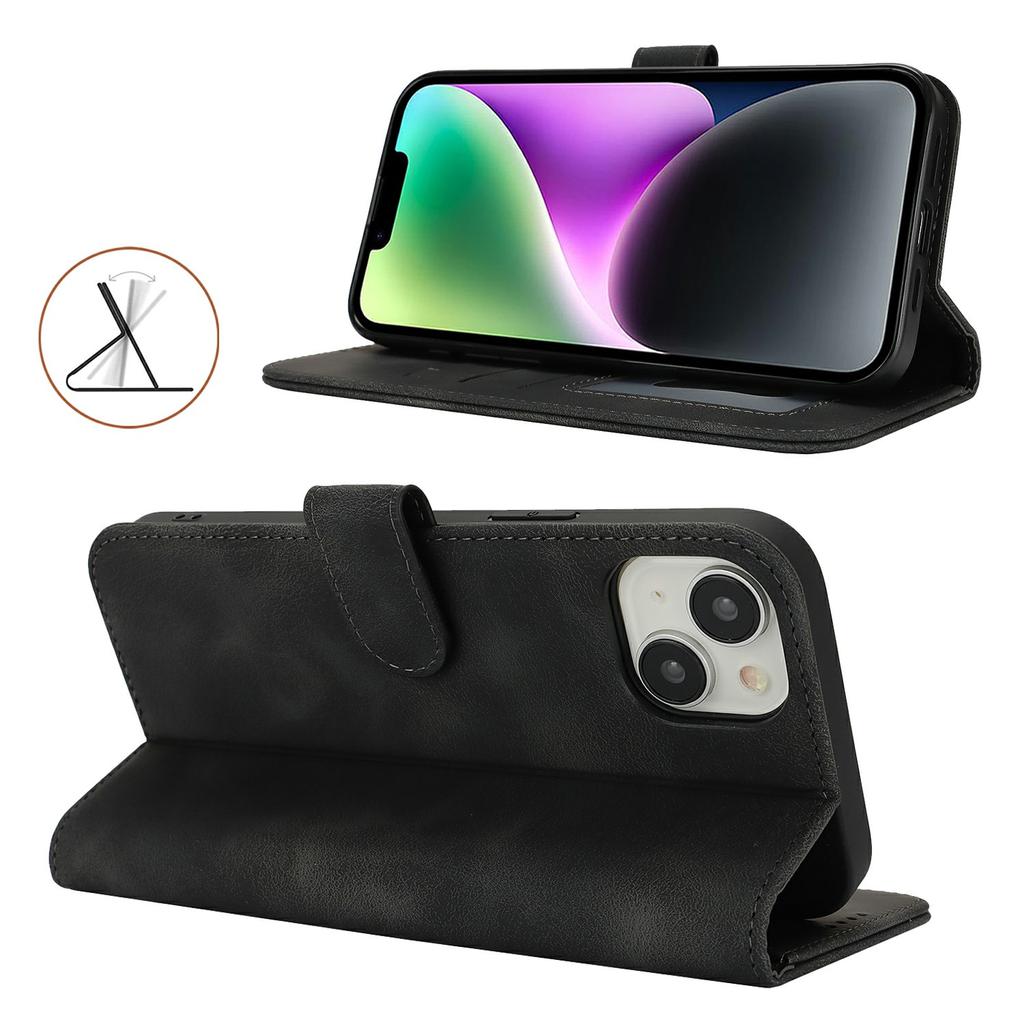 For iPhone 14/13 Wallet Case Double Folded Edge Skin Touch PU Leather Flip Phone Cover