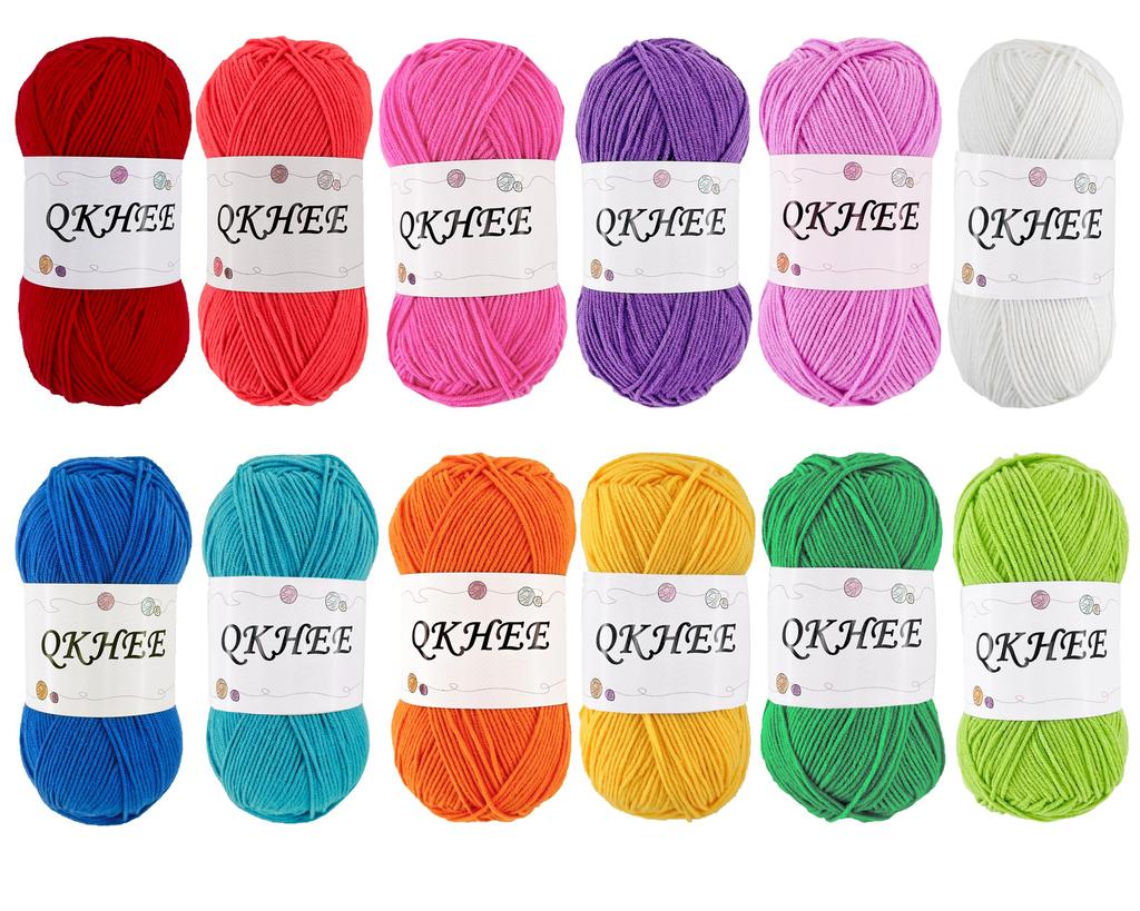 QKHEE Cotton Medium and Approximately Per for and Plush Toys Yarn, Thin, 12-Color Set, 50g/180m Ball, Crocheting, Knitting, Weaving, (Rainbow)