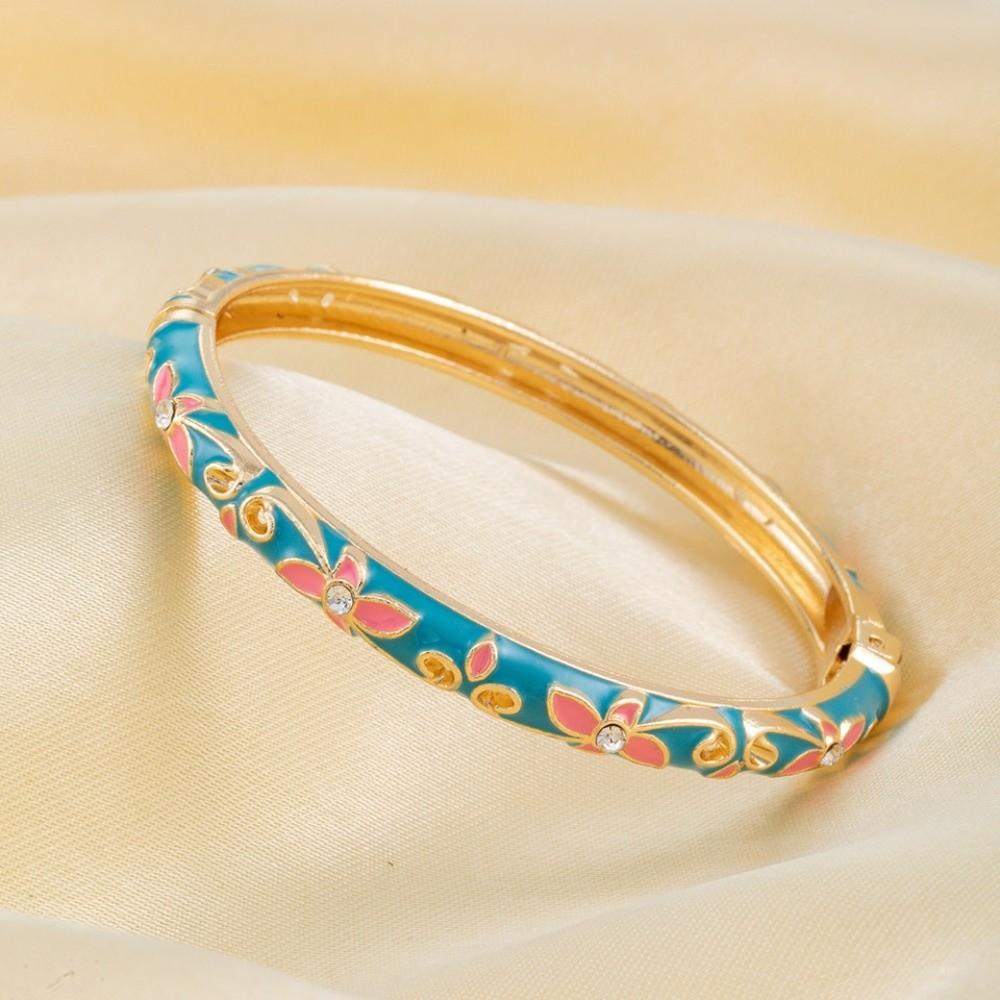Lightweight Metal Cloisonne Floral Bangle Rhinestone Thin Bracelet  Holiday Presents