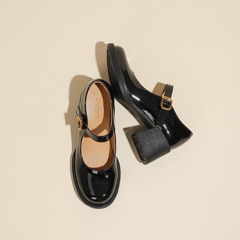 Sweet French thick heel shallow mouth Mary Jane shoes women's 2025 early spring new one-word with round head high heel single shoes versatile