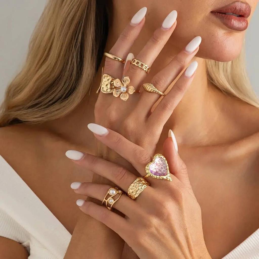 Ingemark 8Pcs/Set Exquisite Luxury Imitation Pearl Open Rings Women Pink Acrylic Rhinestone Heart Ring Couple Jewelry Gifts New