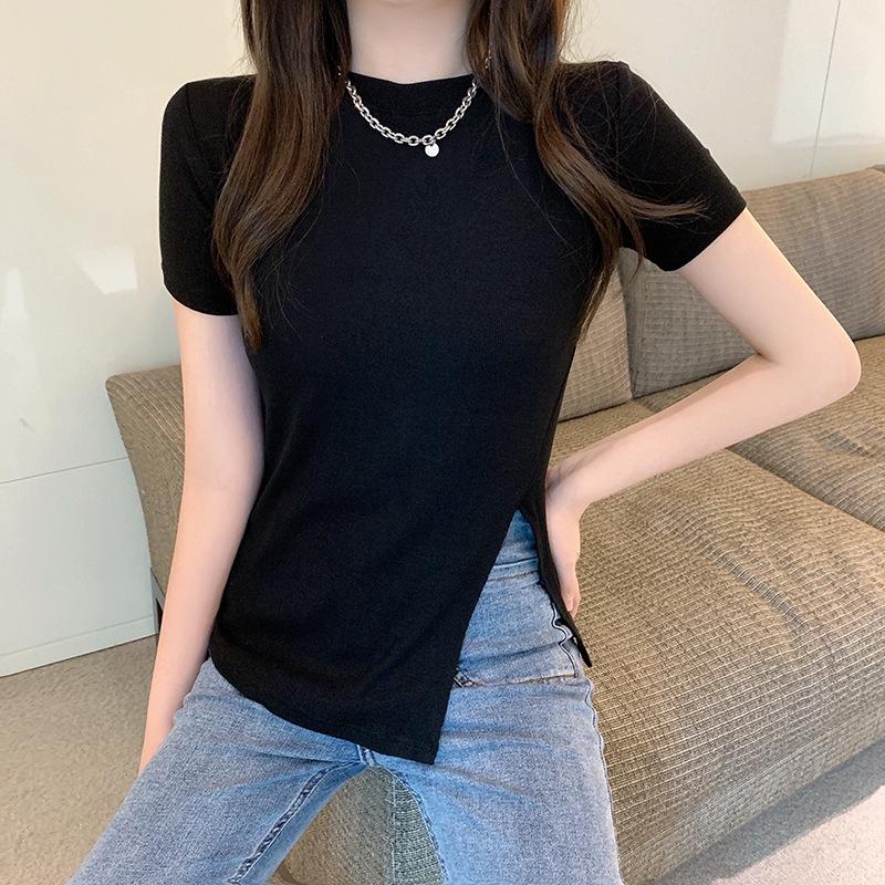 2025 Trendy Slim Black Side-Slit Short-Sleeve T-Shirt for Women