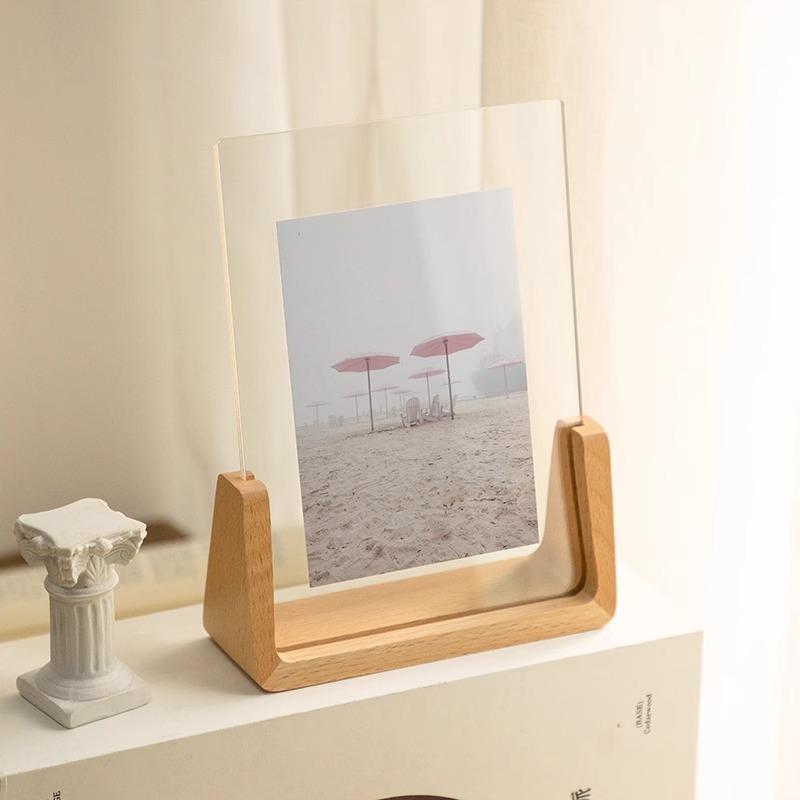 Modern U Shaped Acrylic Photo Frame Walnut/Beech Base Transparent Desktop Decor for Home Office Photo Display Gift