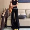 Women's Black Low-Waist Flared Jeans - Retro American Style, Loose Fit, Slim Wide-Leg, Long Pants for Summer