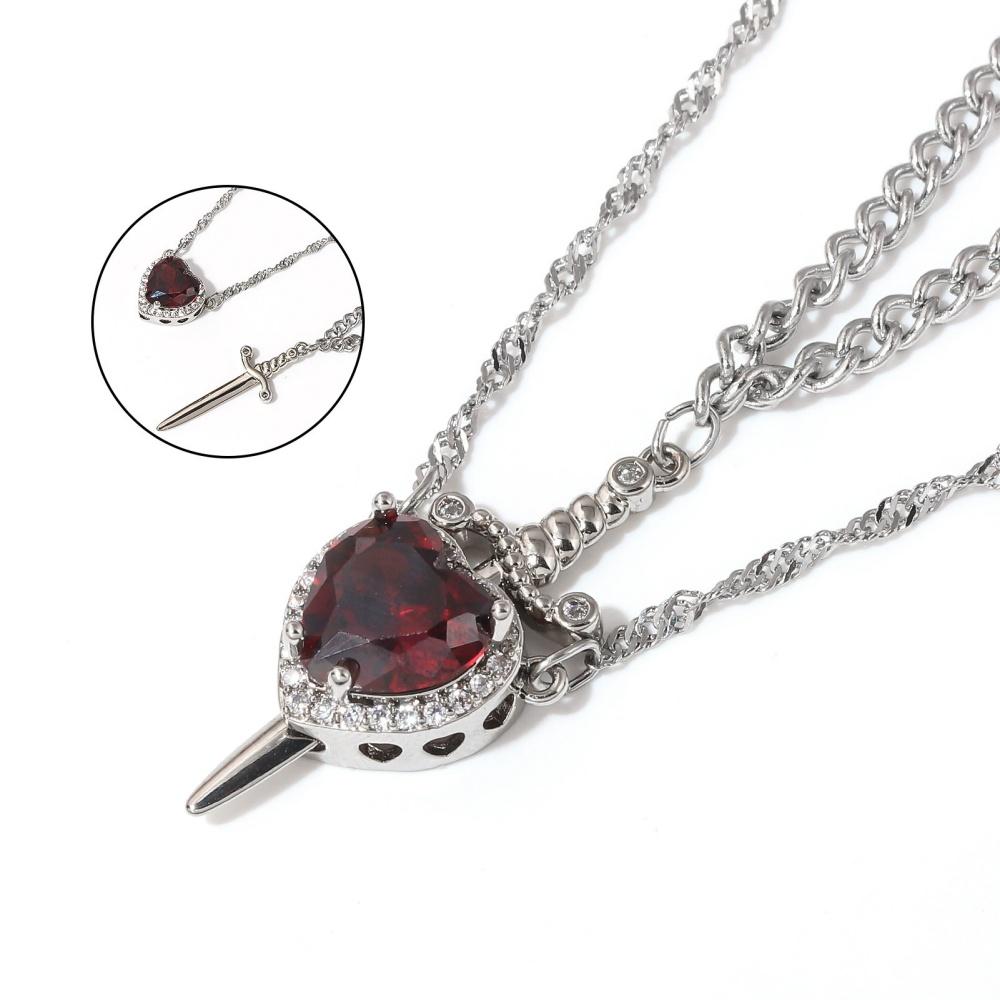 New Geometry Zircon Sword Heart Pendant Double layer Necklace Women's Trendy Fashionable Versatile Sweet Exquisite Jewelry Gift