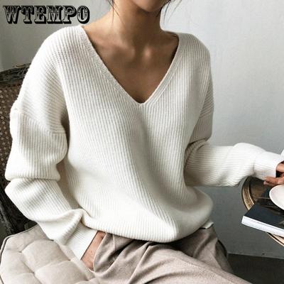 Осень/Зима Корейский Пуловер Вязаный Свитер с V-образным вырезом Свободного Кроя Базовый Свитер для Женщин