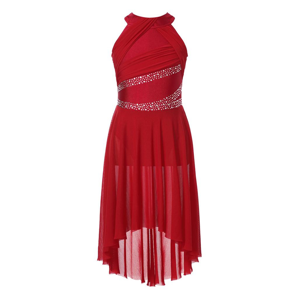 Детское танцевальное платье без рукавов с оборками и стразами для латиноамериканских и современных танцев