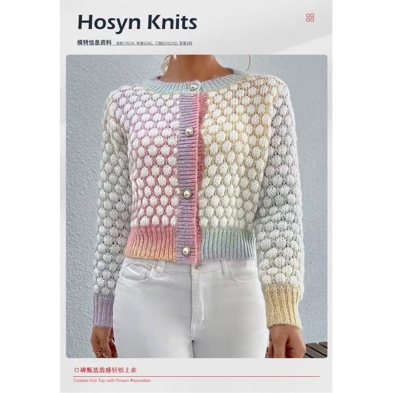 Women S Short Rainbow Jacquard Knit Cardigan Single Button Closure