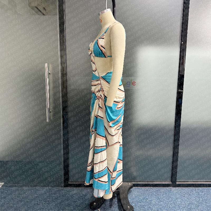 Летнее длинное платье с открытой спиной и разрезом на бретельках в европейском и американском стиле