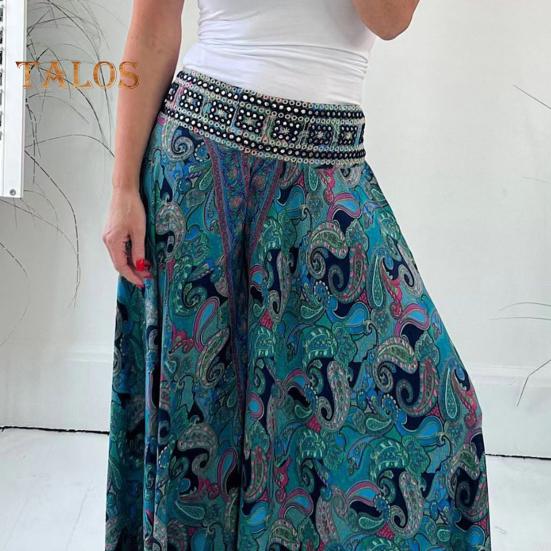 Women Summer Casual Pants Wide Leg Elastic High Waist Long Pants Retro Printing Culottes Loose Fit Flowy Trousers Streetwear