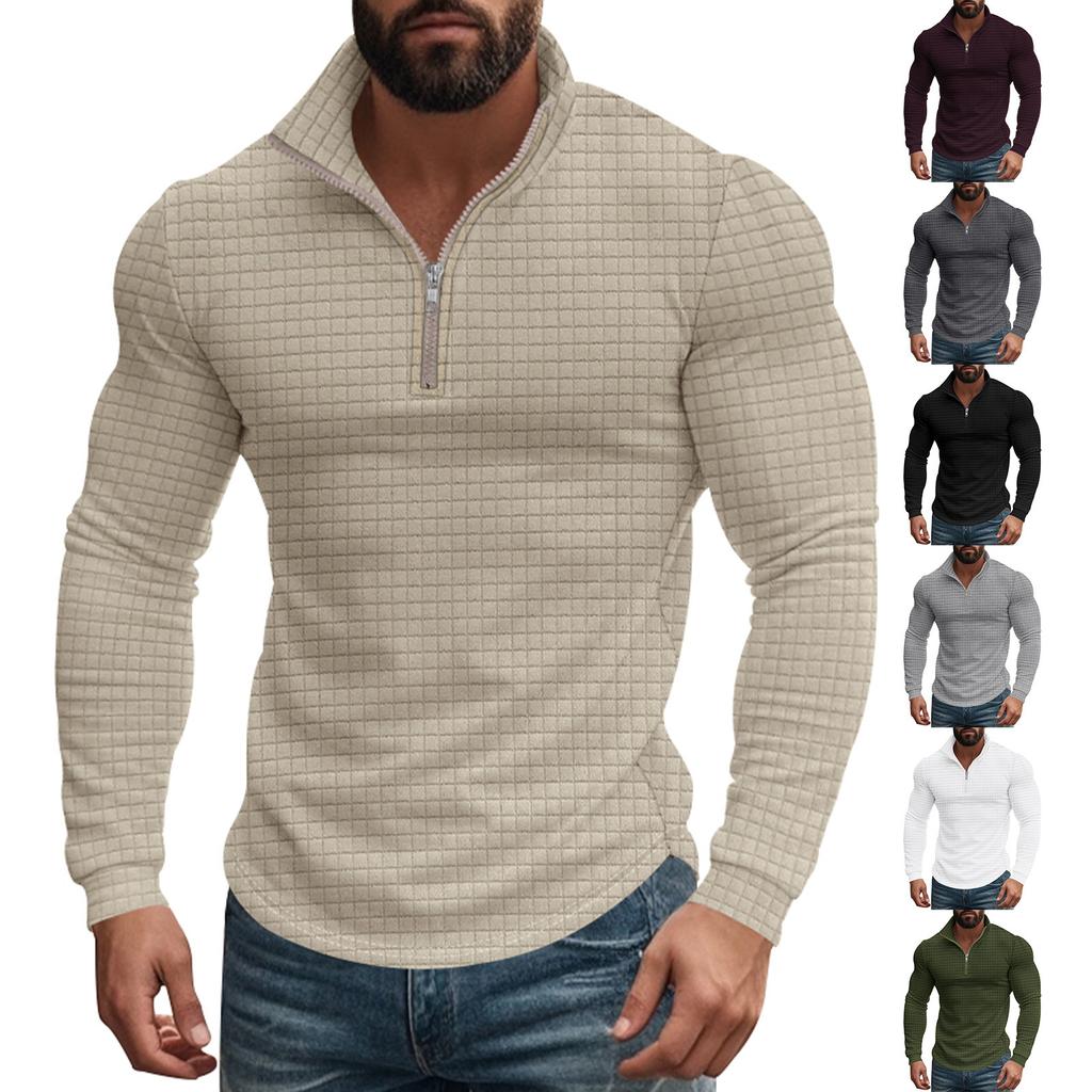 Retro Autumn/Winter Men's Half-Zip Small Check Casual Stand-Up Collar Long-Sleeved Sweatshirt