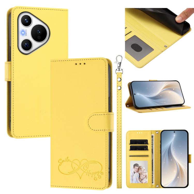 Happy Heart Pattern Magnetic Closure Vegan Leather Phone Case with Wrist Strap For Huawei Mate 60