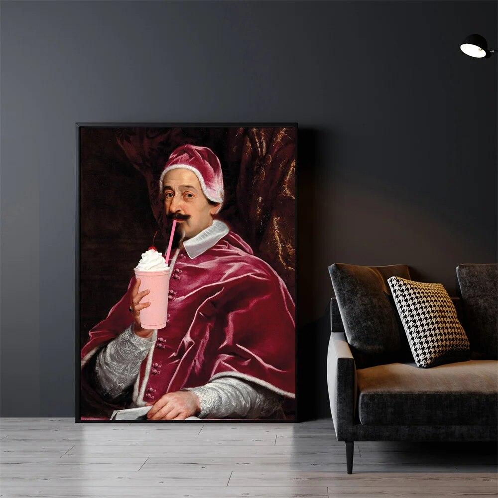 Funny Altered Art Print Elegant Lady with Pink Ice Cream Poster Italian Rococo Vintage Oil Painting Candy Food Canvas Painting