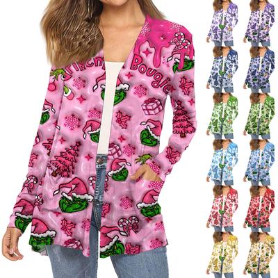 Женский модный кардиган-пальто с длинным рукавом, карманами, приталенного силуэта и рождественским принтом