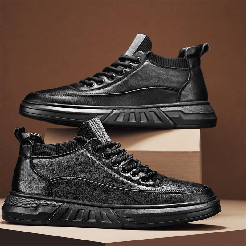 Осень и зима новая сырая скейтбордическая обувь студенческая спортивная и повседневная маленькая кожаная обувь черная высокая