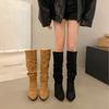 Популярные пиле 2025 новые ботинки весенне-осенние ботинки ретро, но до колена женские на толстом каблуке, увеличивающие рост, рыцарские ботинки, стройнят