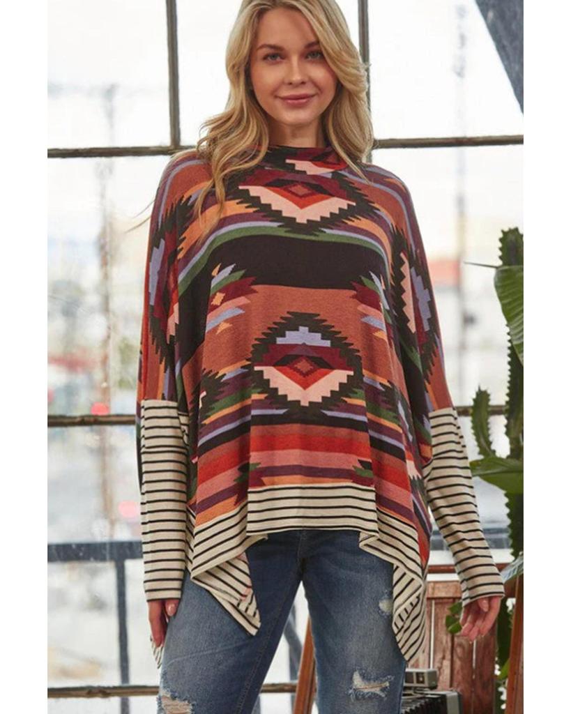Azura Exchange Multicolor Western Aztec Striped Mock Neck Dolman Sleeve Top