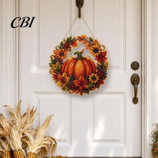 Unique Festive Hanging Decor Fall Pumpkin Sunflower Wreath Decor, Acrylic Hand Painted Holiday Decoration Window Ornament, Thanksgiving Halloween