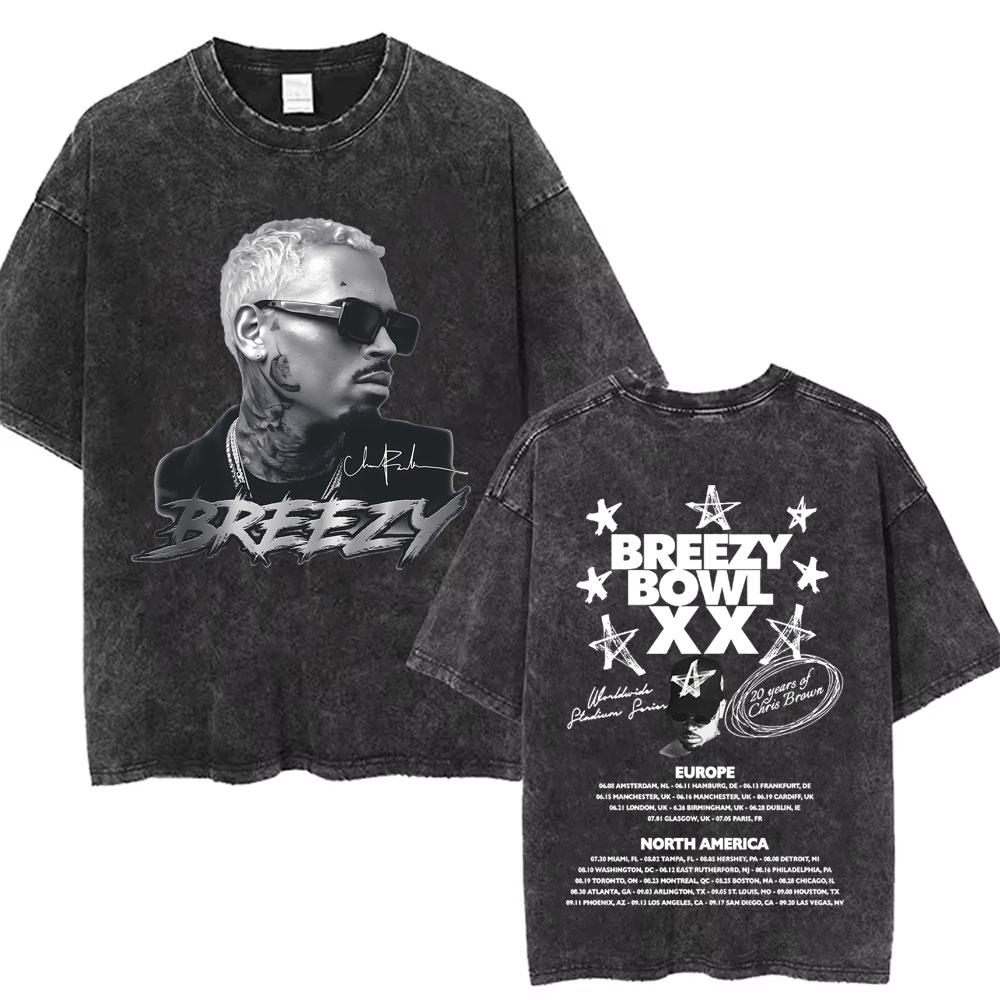 retro Washed Chris Brown Breezy Bowl XX Tour Graphic T Shirts Men Hip Hop Fashion Casual Tshirts Unisex Summer Cotton tees