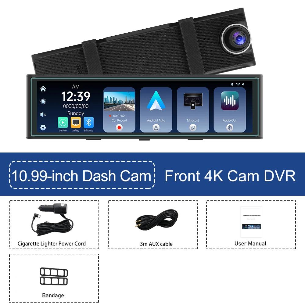 10,99-дюймовый передний 4K-зеркало Мультимедиа DVR Видеорегистратор Carplay Android auto Автомобильный видеорегистратор Bluetooth WIFI Видео Черный ящик