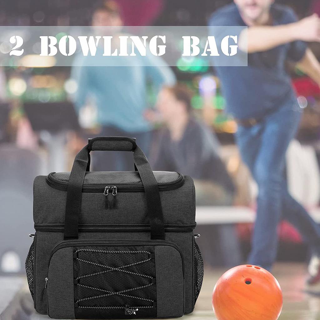 Bowling Bag for 2 Balls Portable Bowling Tote Bag with Padded Ball Holder for Double Ball and Pair of Bowling Shoes up