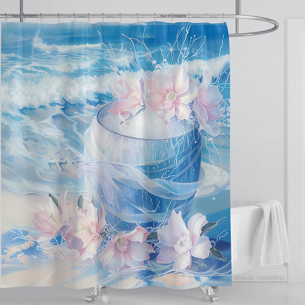 Ocean Wave Scenery Shower Curtain Waterproof Shower Curtain Polyester Fabric 3D Printed Curtain Bathroom Decoration With Hooks