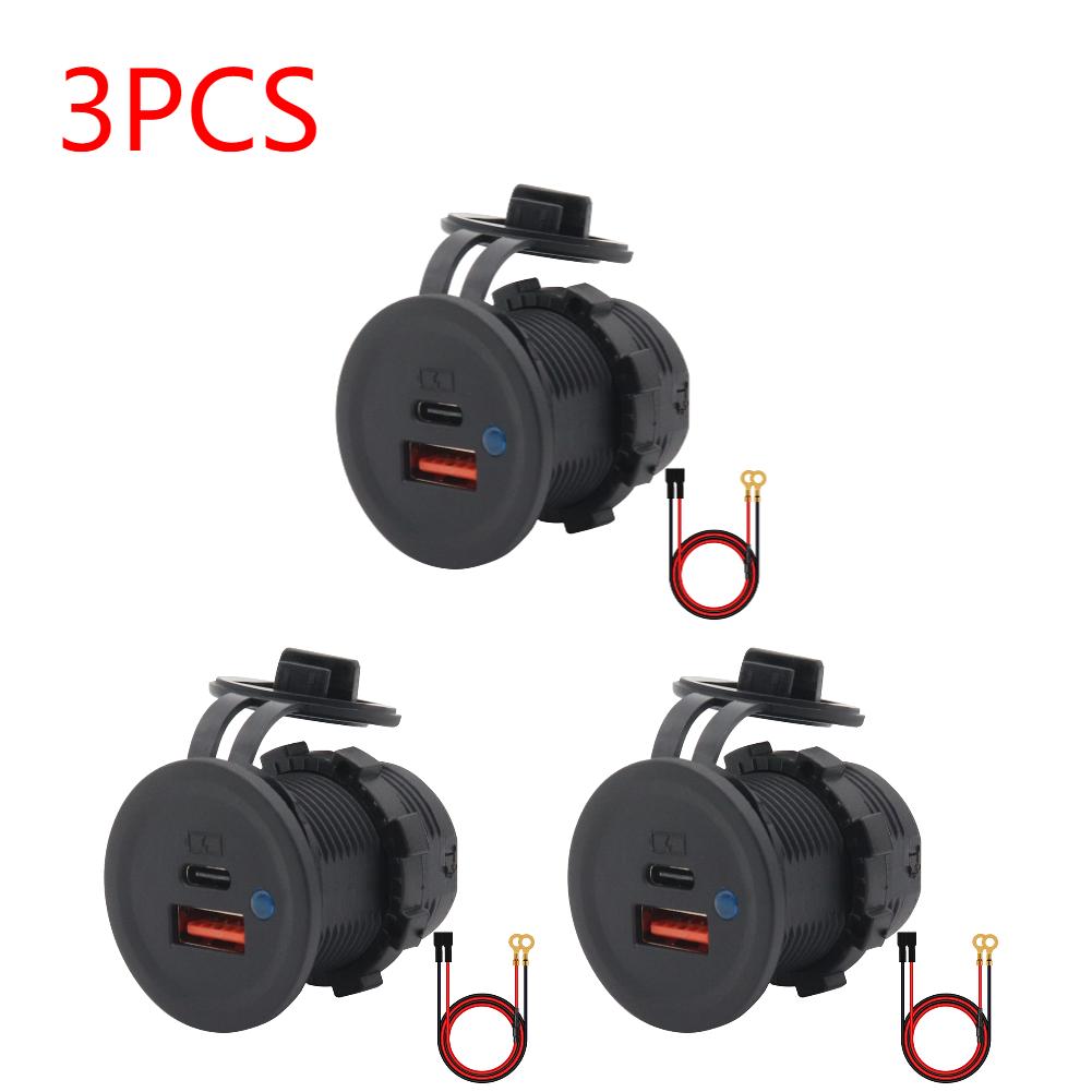 1-3PCS Car Dual USB Charger Socket DC 10-28V QC3.0 PD Type C 18W Car Charger Adapter with Cover Car Dual Port for Boat Truck