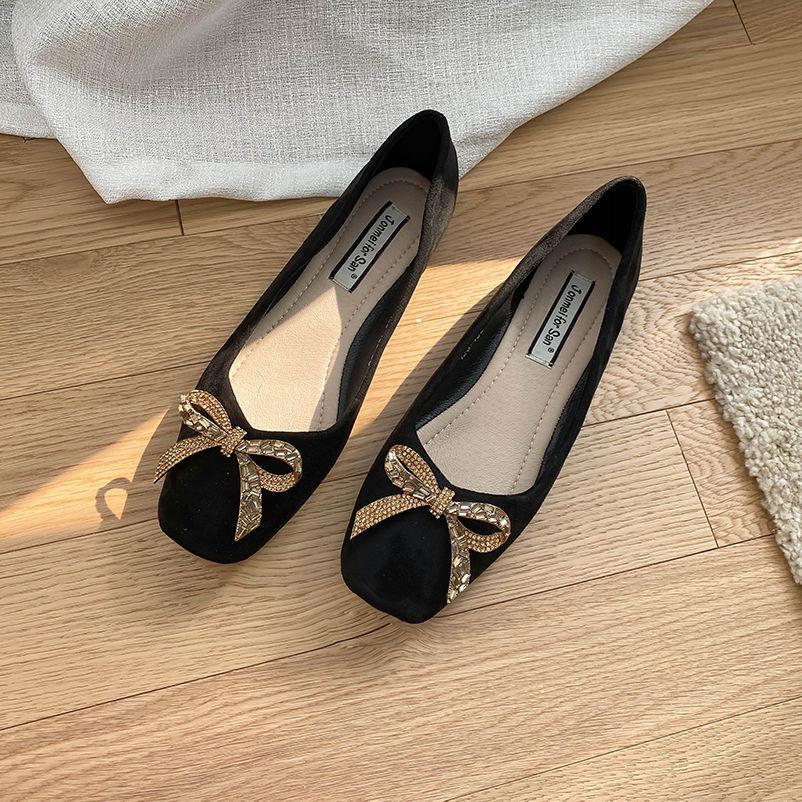 Fashion Flat Shoes Women's Spring Autumn New 2025 French Square Toe Bow Casual All-match Black Pumps Mules Ladies Shoes Plus Size 43 44