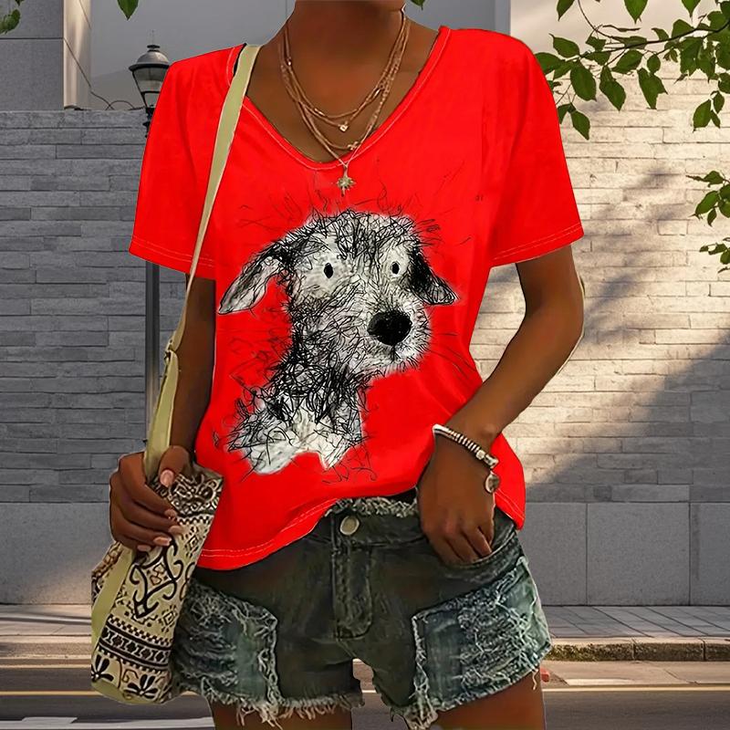 Блузки с рисунком бродячего щенка, футболки с коротким рукавом и V-образным вырезом, повседневные