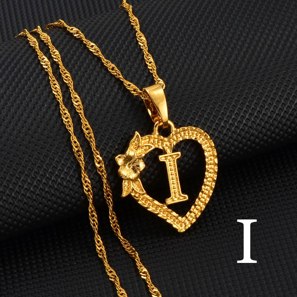 Anniyo 1Piece / A-Z Heart Letters Pendant Necklaces For Women Girls Charm Flower Initial Jewelry Alphabet Chains African #232706