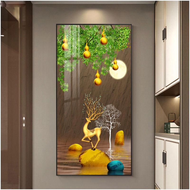 Abstract Fengshui Golden Zen Stone Canvas Painting Golden Moon Deer Wall Art Rich Tree Posters for Porch Wall Decor No Frame