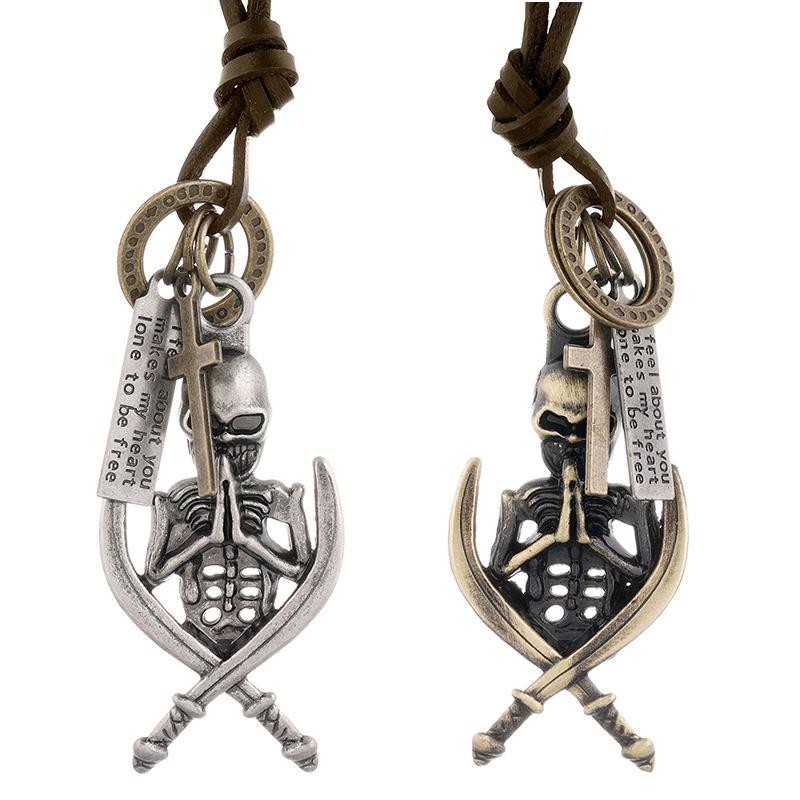 Винтажное мужское ожерелье из натуральной кожи, мужской кулон в виде скелета, цепочка для мужского воротника, длинный кожаный шнур, ожерелье в стиле панк