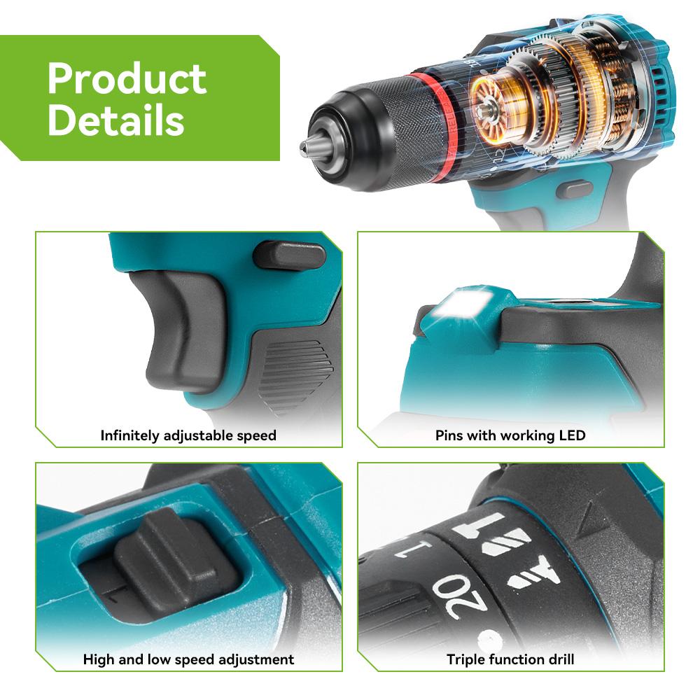 ONEGREEN 1200 Вт 480 Н.М крутящий момент бесщеточная электрическая ударная дрель 20 передач аккумуляторная отвертка электроинструменты для Makita 18 В аккумулятор