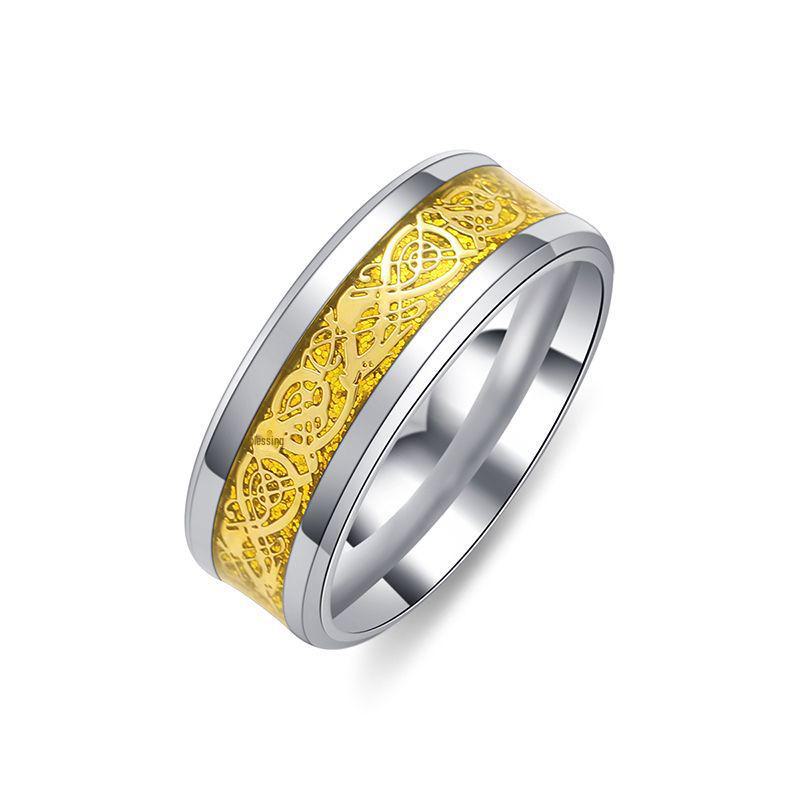 Мужское кольцо с европейским и американским драконом, скошенный край - титан, нержавеющая сталь