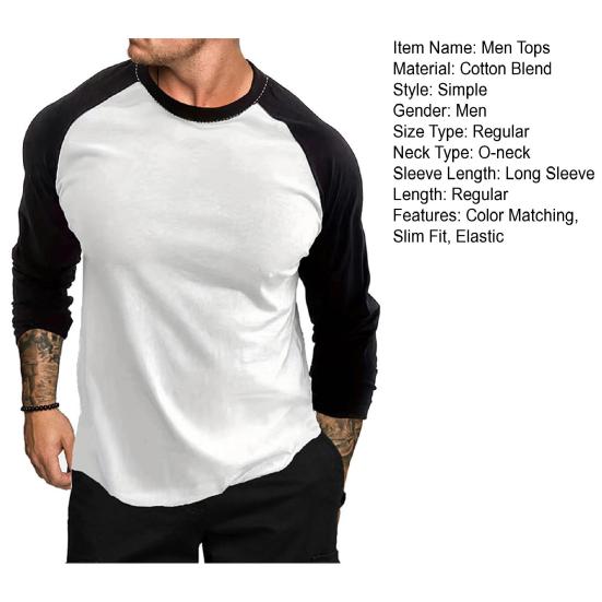 Spring Autumn Men Casual T-shirt O-neck Raglan Sleeve Color Matching Slim Fit Fitness Gym Pullover Tops Streetwear