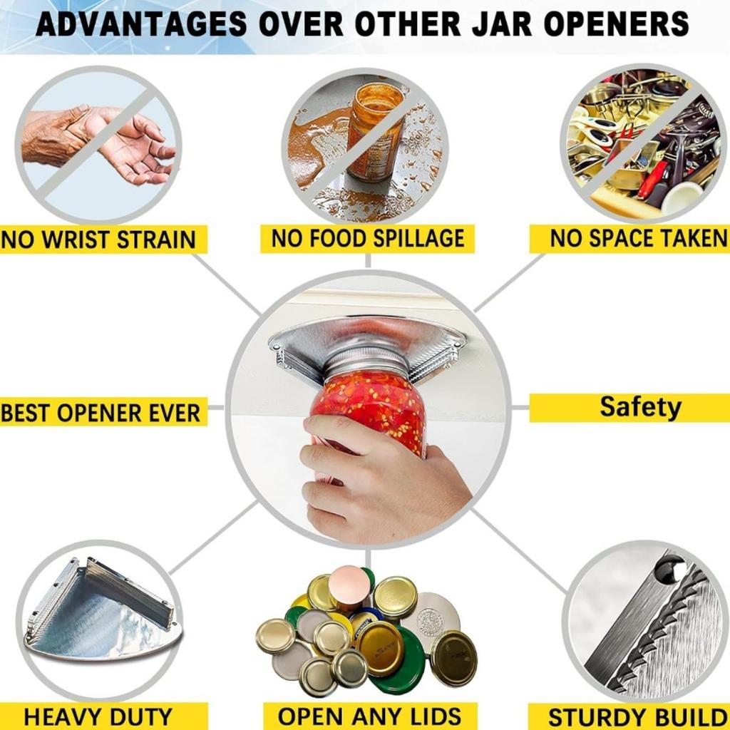 Stainless Steel Under Cabinet Can Opener, Universal Jar Opener, Smooth Edge Automatic Bottle Cap Remover, Easy Install Stainless Steel Jar Openers