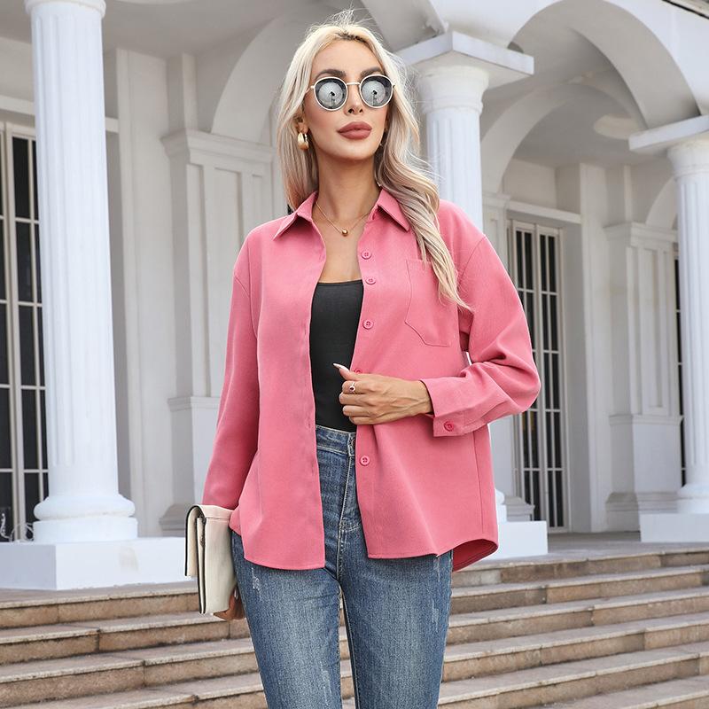 Women's Autumn Top Solid Long Sleeve Loose Casual Shirt Ladies Lapel Pocket Office Shirts