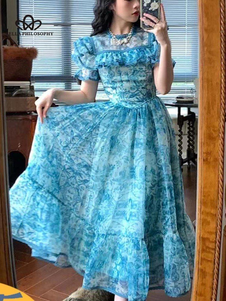 Французское винтажное сетчатое платье с рукавами-фонариками, летнее дворцовое платье принцессы, синее вечернее платье, платье для дня рождения, женское платье для выпускного вечера