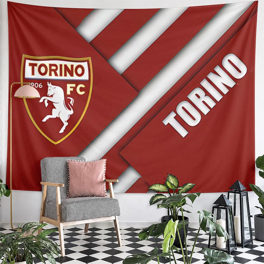 Diagonal red blocks with white text and a Torino FC logo. Patterned tapestry for bedroom and living room home decor