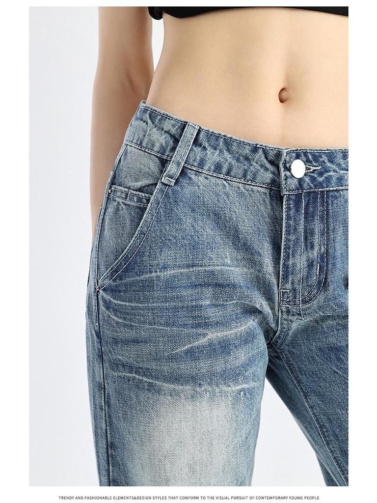 Женские джинсы клеш с низкой посадкой в стиле ретро - Коллекция Весна/Осень 2025, Универсальный свободный крой, Прямые штанины, Длина в пол.