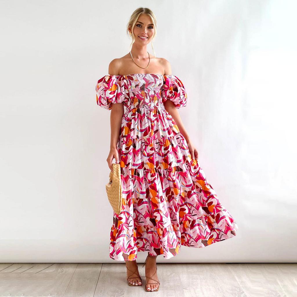 Летнее женское модное плиссированное платье без бретелек длиной до щиколотки с коротким рукавом и принтом