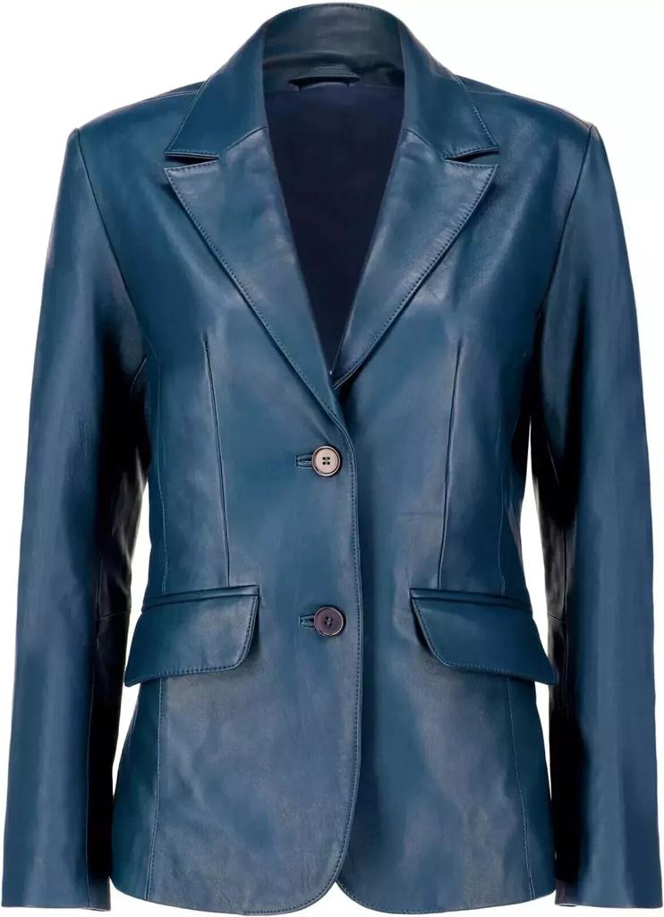 Lambskin Women's Blazer Blue Two- Button Genuine Leather Handmade Classic Stylish