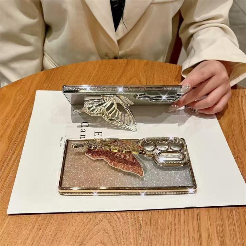 Модный держатель-бабочка с блестками для Samsung Galaxy S25 Ultra S24 FE S23 S22 Plus Diamond Cover