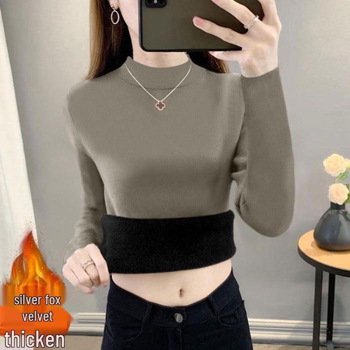 Women's Thickened Silver Fox Velvet Base Layer Top, Autumn/Winter, Plus Velvet Warmth, Half-High Collar, Long Sleeve, Versatile.