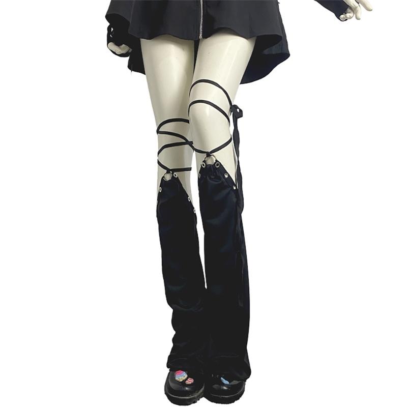 Women Punk Lace Up Straps Flared Leg Warmers Japanese Harajuku Eyelets Knee Length Foot Cover Long Tube Socks Streetwear