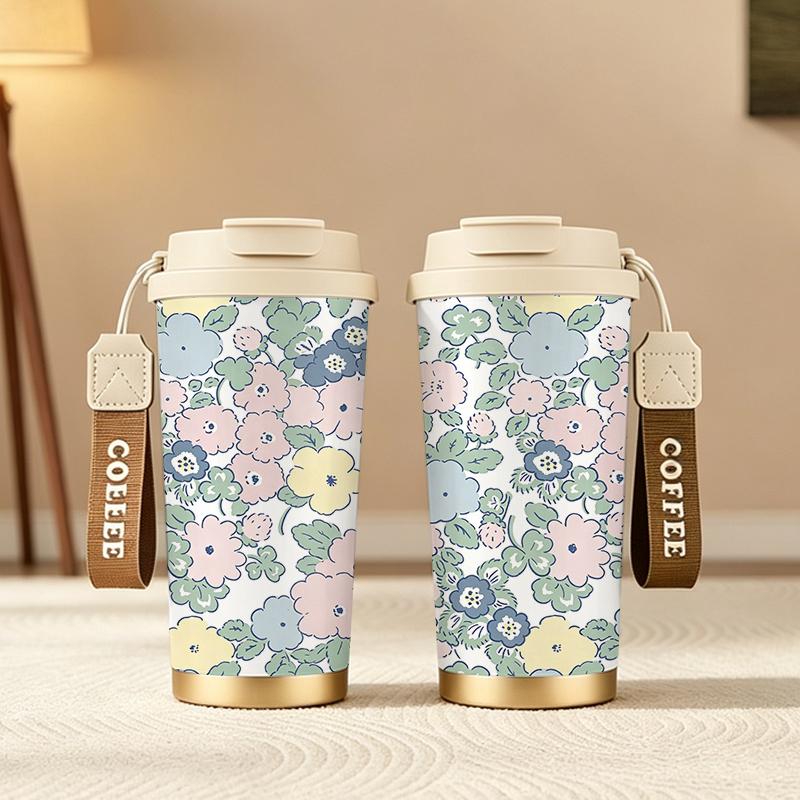 Coffee Mug 532ml Macaron Flower Element Lanyard Insulated Cup Beach Cup Large Capacity Cup Stainless Insulated Cup Car Cup