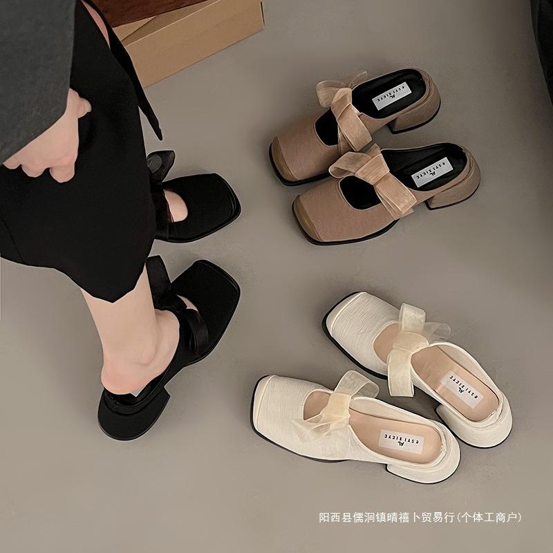 Ретро туфли-лодочки на толстом каблуке с сумкой на голову, женская верхняя одежда 2025 года, весна-лето, новые французские вечерние туфли-лодочки Мэри Джейн с бантом