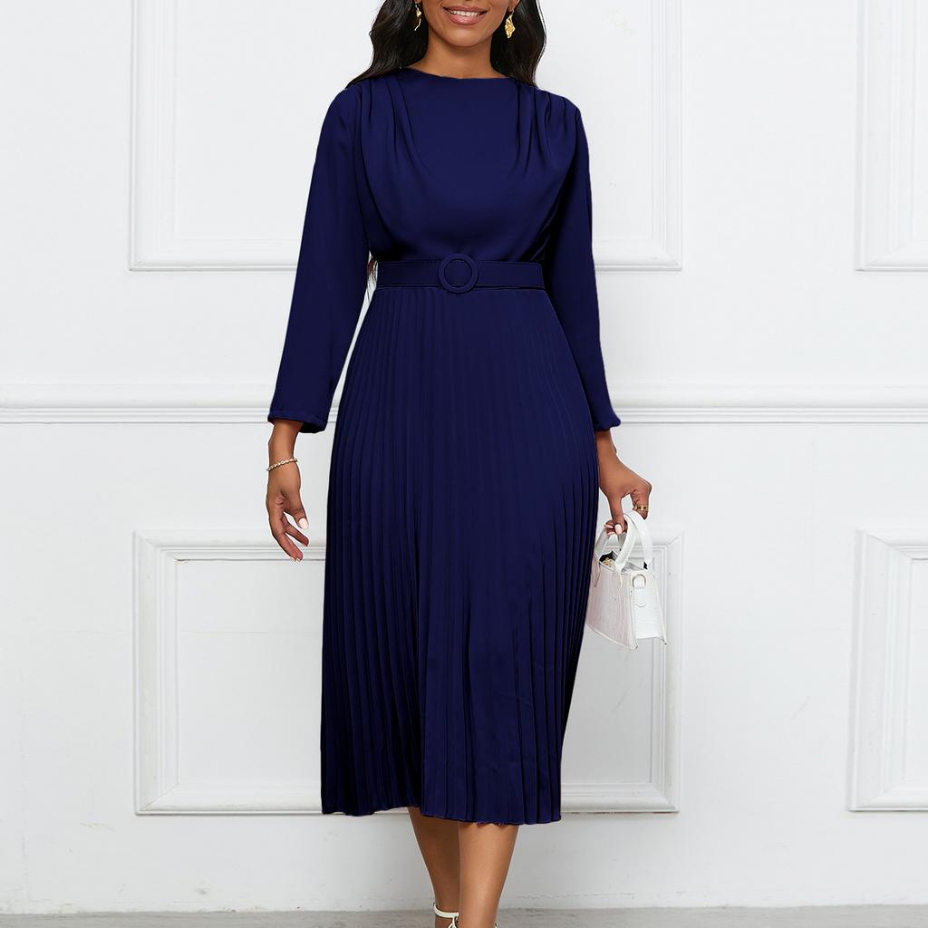 Women's Dress Spring and Autumn Temperament Elegant Pressed Pleated Commuter OL Solid Colour Plus Size Dresses