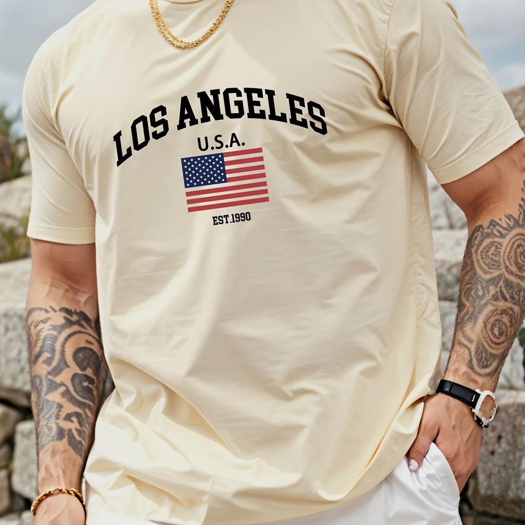 Summer Men's Round-neck American Los Angeles Flag Casual T-shirt, 100% Pure Cotton Casual Breathable Short-sleeved Top