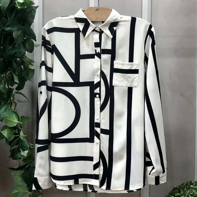 Spring Pocket Office Lady Blouse Elegant Turn Down Collar Print Shirts Women Clothes Fashion Button Long Sleeve Tops Clothing 25576